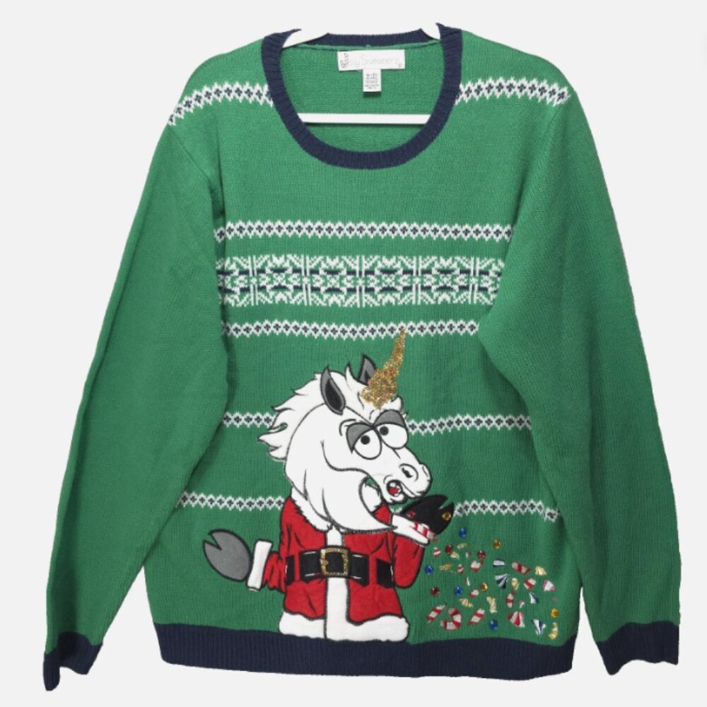 Jolly‎ Sweaters Christmas Ugly Sweater Unicorn Puke Candy Embroidered Gems Sz XL